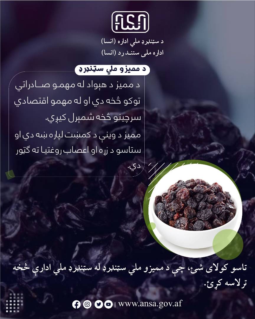 د کشمشو ملي سټنډرډ-- کشمش د هیواد له مهمو صادراتي توکو څخه دي او مهمو اقتصادي سرچینو څخه شمیرل کیږي
